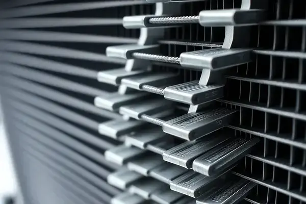 Close-up of radiator cooling fins and tubes